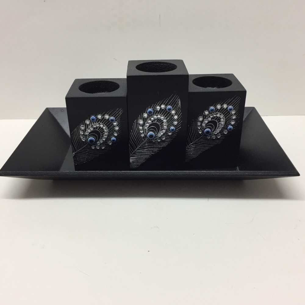 Wood Candle Set Peacock Feather Theme Tea Light Holders with Tray Black